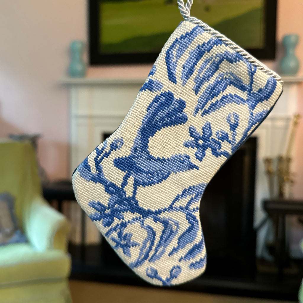 Blue and White Toile Bird Bauble Stocking