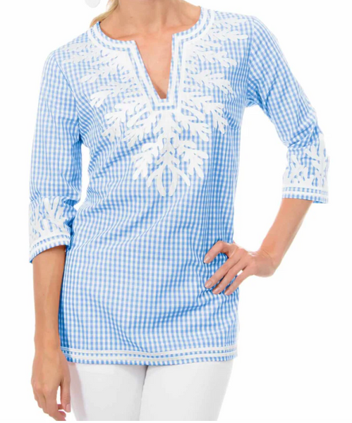 Sky Blue Gingham Tunic with coral embroidery