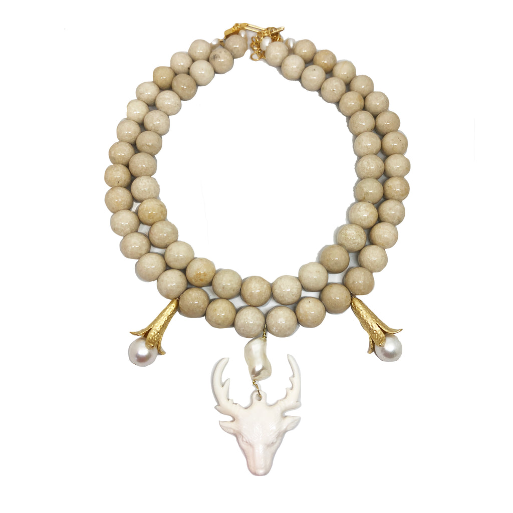 Stag head necklace in beige